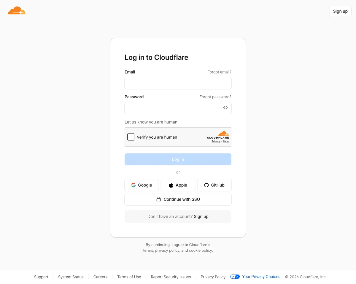 Cloudflare dashboard login page